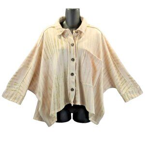Free People Montauk Shirt S Jacket Tea Combo Peach & Tan Distressed Uneven Hem